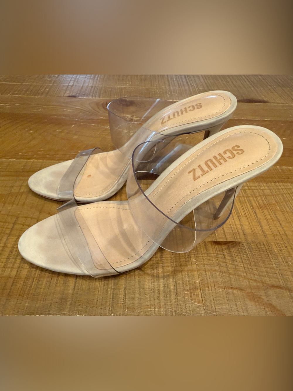 SCHUTZ Clear Strap Nude Heel Mules